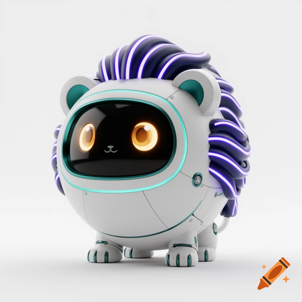 A cute Chibi robotic lion cub mascot with a spherical white body, glowing teal trim, digital eyes, and stylized indigo light strip mane.