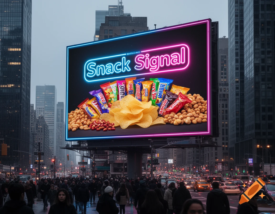 A photorealistic image of a large neon billboard displaying 'Snack Signal' with various snacks, set on a busy city street.