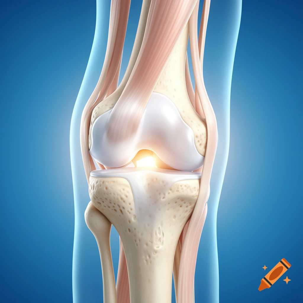A 3D rendering of a human knee joint showing bones, cartilage, and ligaments with a glowing spot.