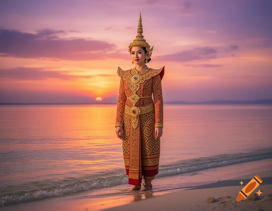 A woman in a traditional Thai costume stands in the shallow water of a calm beach at sunset.