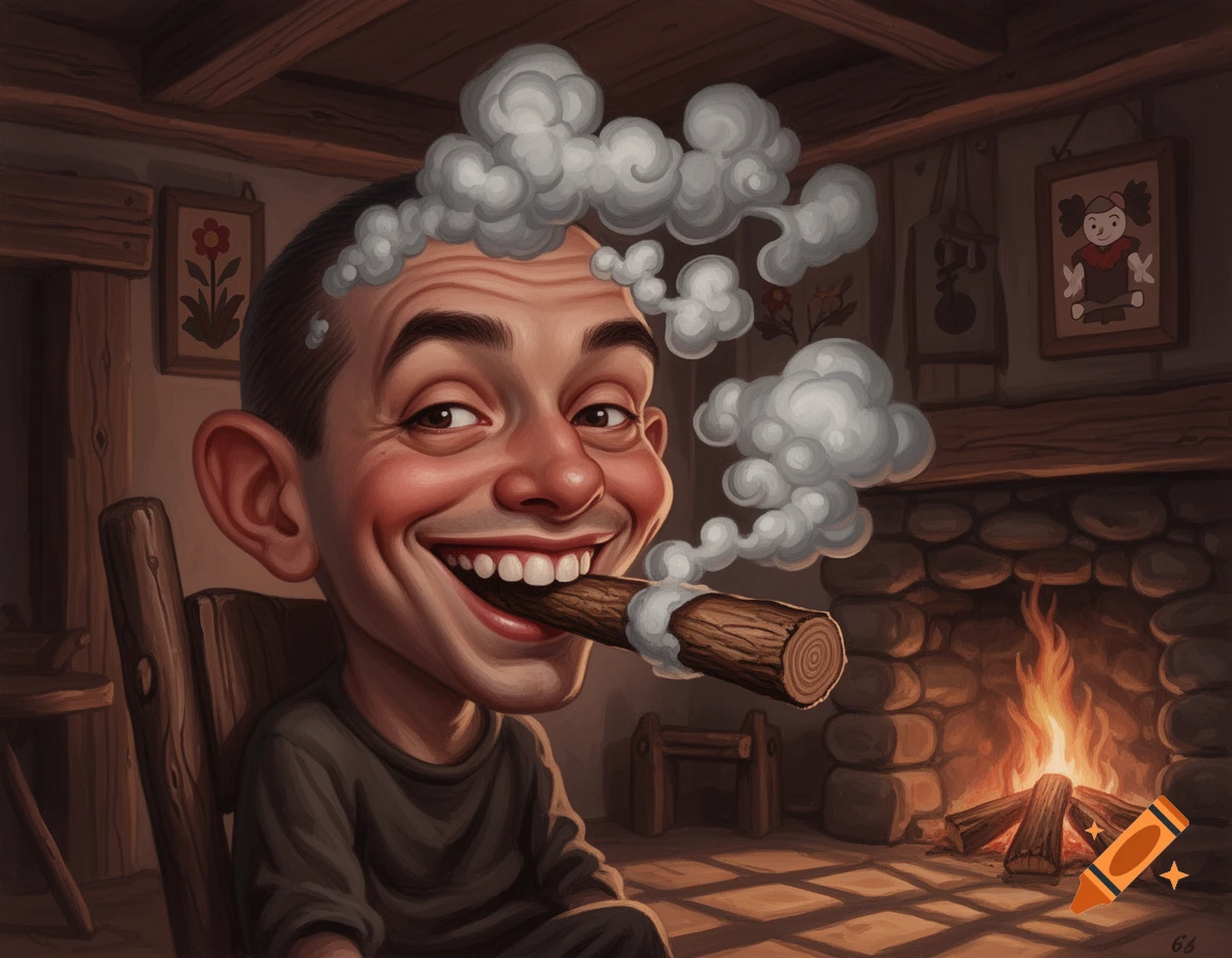 A smiling caricature with large ears and rosy cheeks smokes a thick wooden log, emitting puffs of smoke, while sitting in a cozy cabin with a burning fireplace.