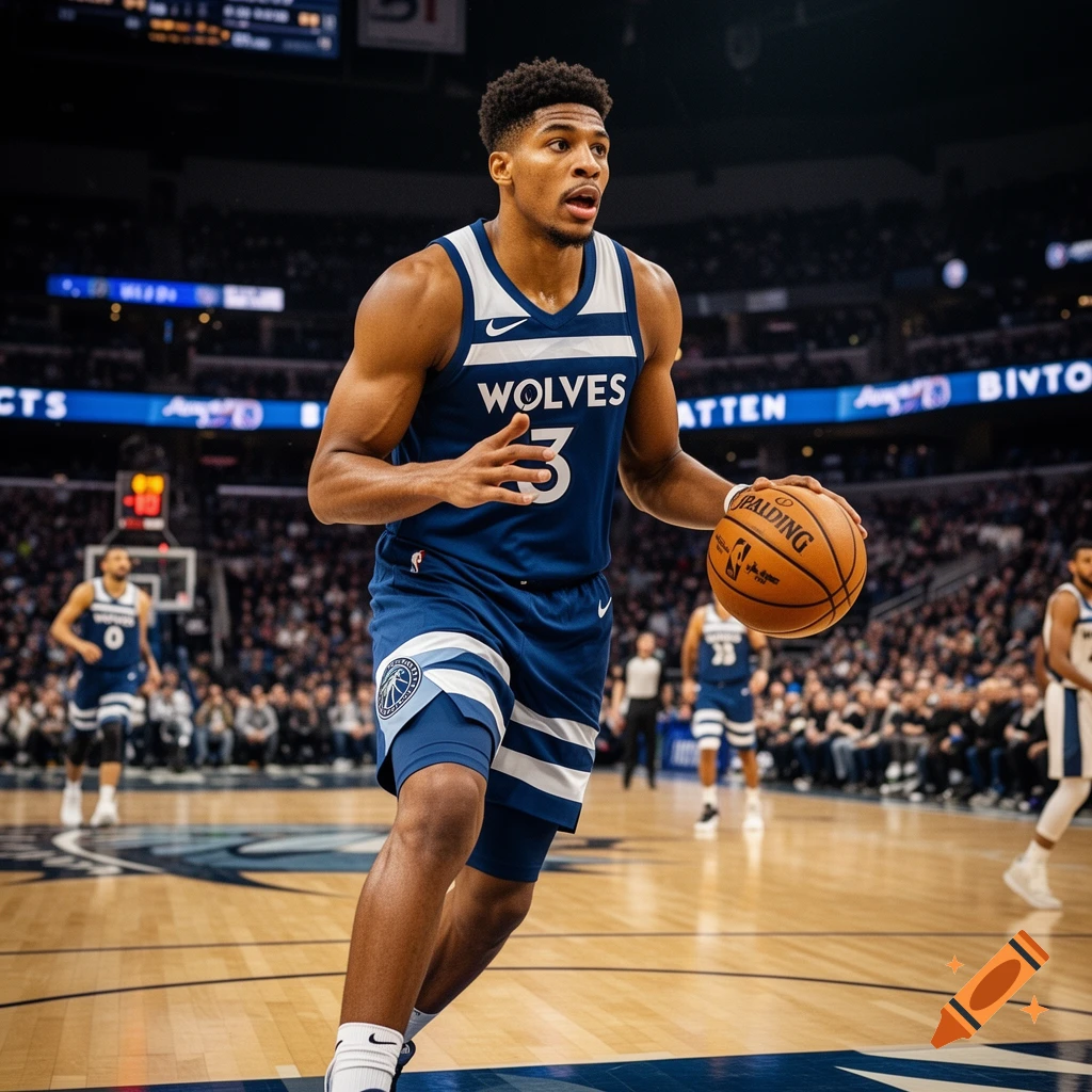A muscular basketball player in a blue 'WOLVES' jersey dribbles a Spalding basketball on a court during a game.