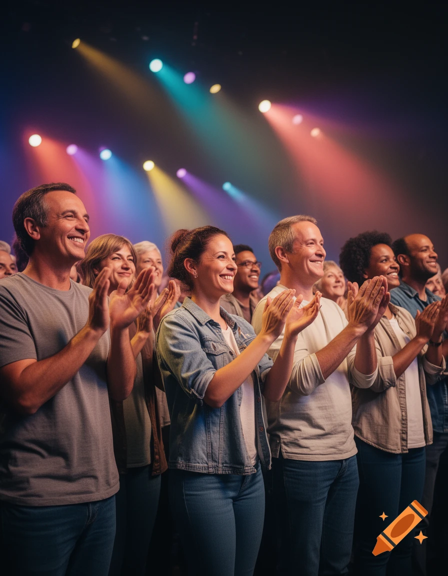 A diverse audience of adults claps and smiles, looking right at a concert stage under colorful lights.