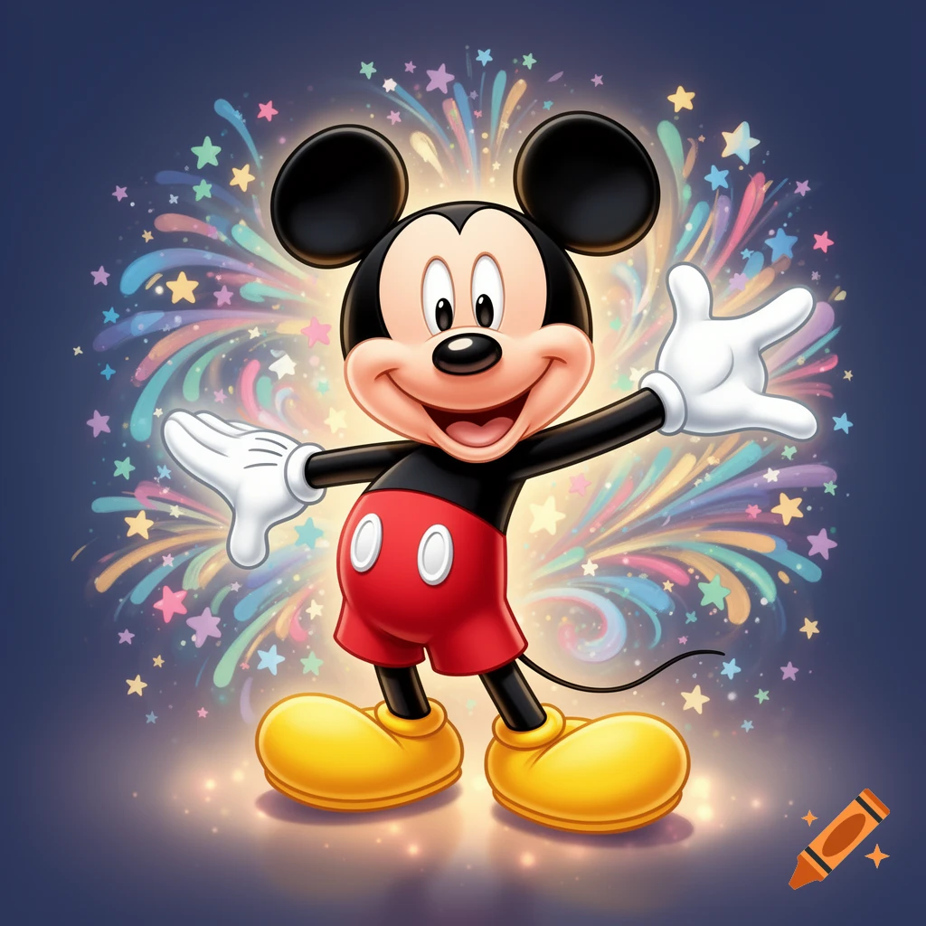 Mickey Mouse cartoon character smiling and waving with colorful fireworks and stars in a vibrant, celebratory style.