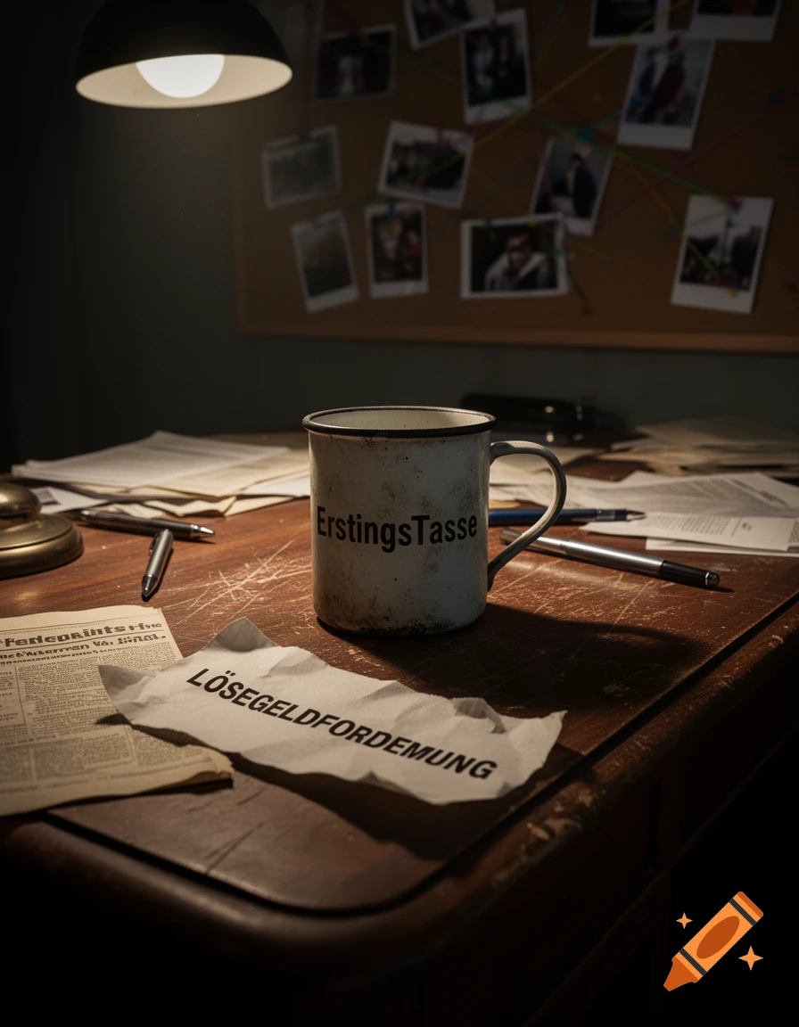 A moody, close-up shot of a dimly lit detective's desk with a ransom note, a coffee mug, and papers, with a blurred corkboard in the background.