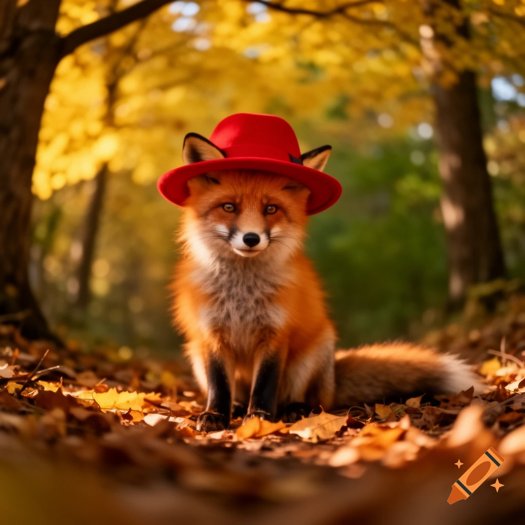 A cute red fox wearing a red hat sits among fallen autumn leaves in a sunlit forest.