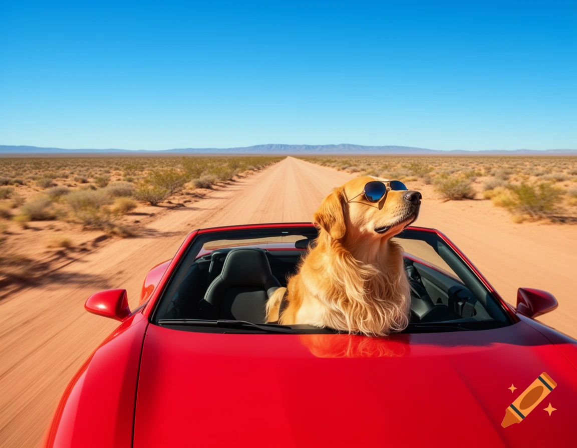 A golden retriever wearing sunglasses drives a red convertible down a ...