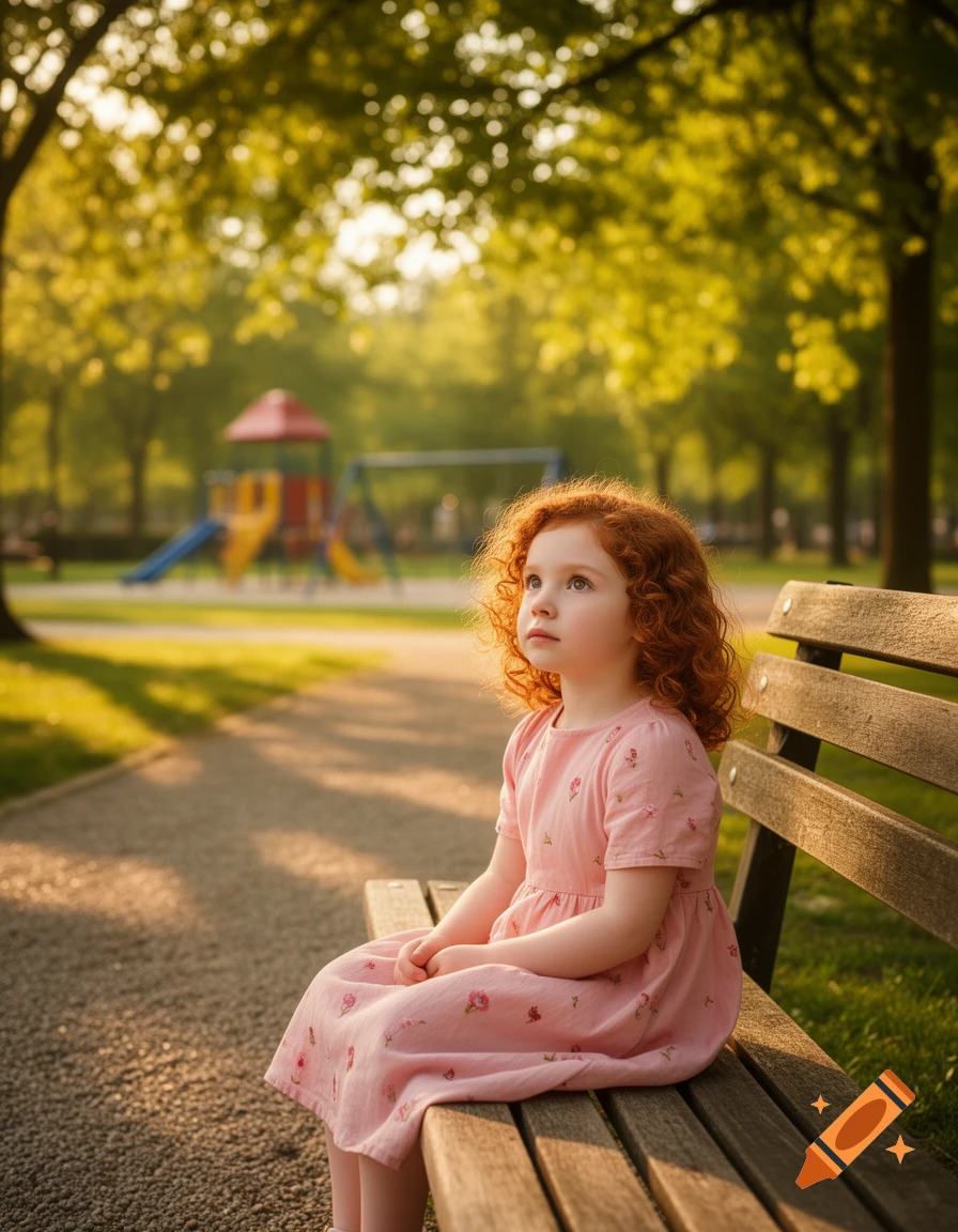A young girl with red curly hair sits on a wooden bench in a sunny park ...