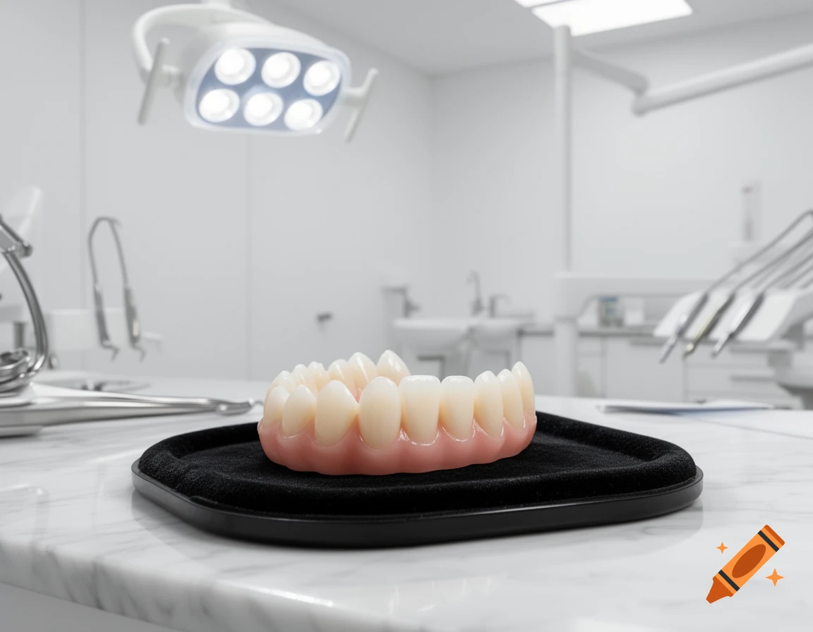 Photorealistic image of dentures on a black tray on a marble counter in a clean dental office.