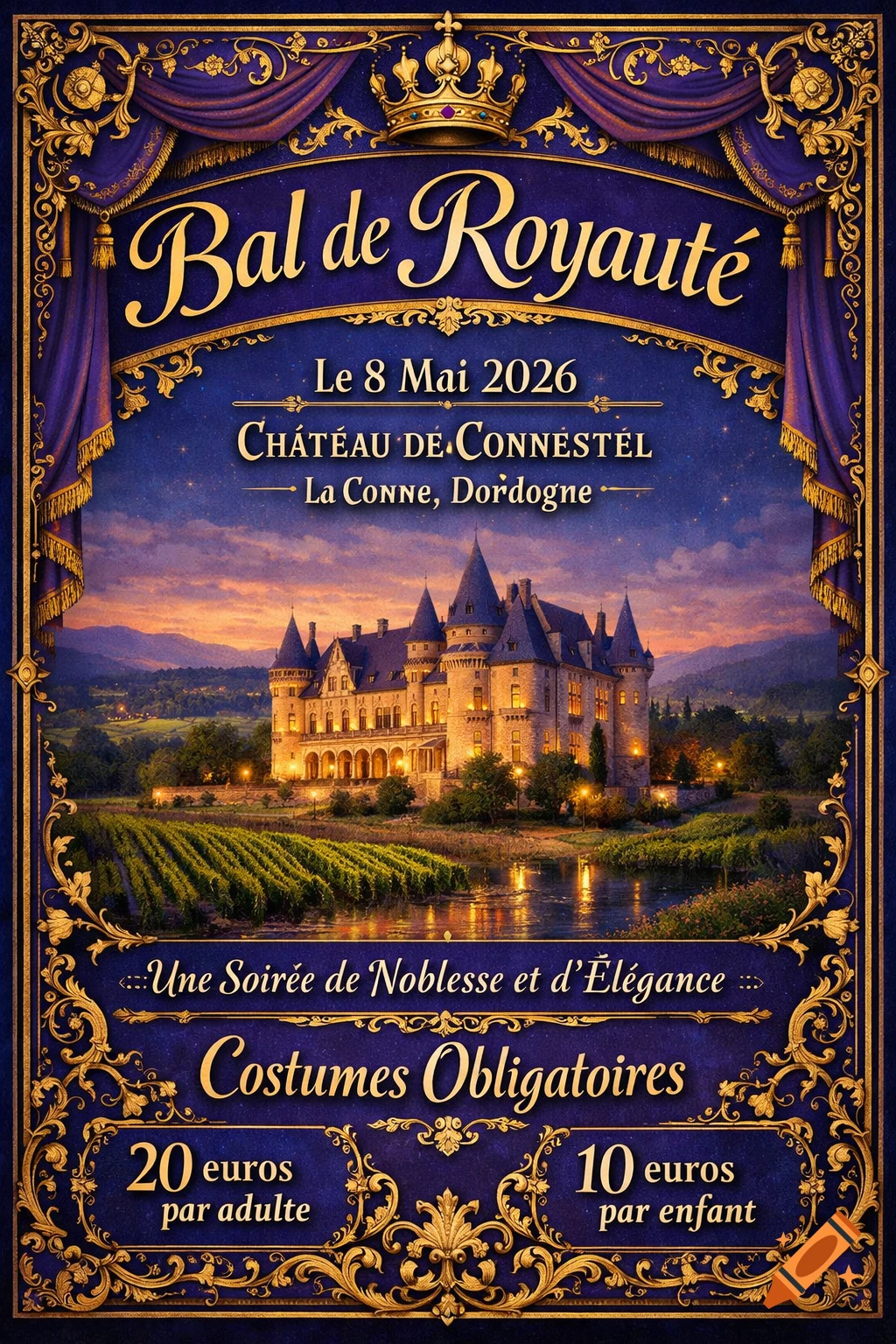 Ornate royal blue and gold poster for a 'Royal Ball' with event details, featuring a grand château by a river with vineyards at sunset.