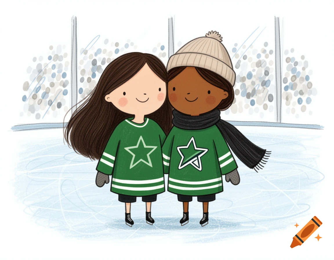 Whimsical children's illustration of two smiling young women in green hockey jerseys and ice skates on an ice rink.