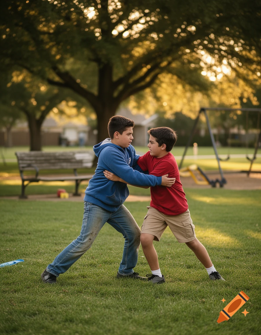 Two boys in blue and red shirts playfully wrestle in a sunny park with trees and playground equipment.