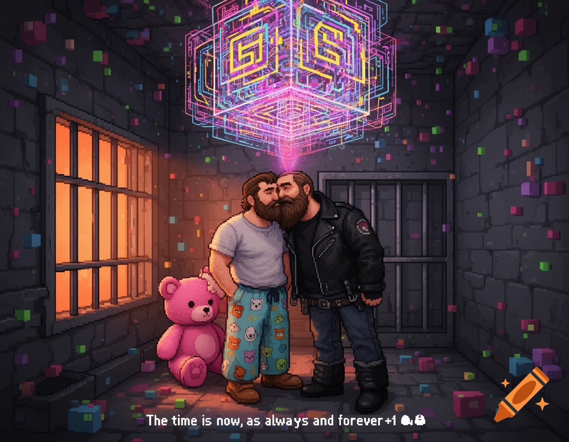 Pixel art of two bearded men embracing in a cell-like room with a pink teddy bear, under a glowing geometric cube and floating colorful voxels.