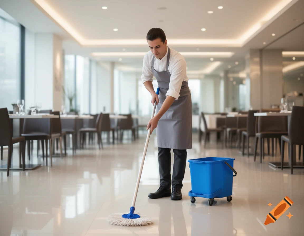 A man in an apron mops a shiny floor in a modern restaurant, with a blue cleaning bucket nearby, photorealistic.