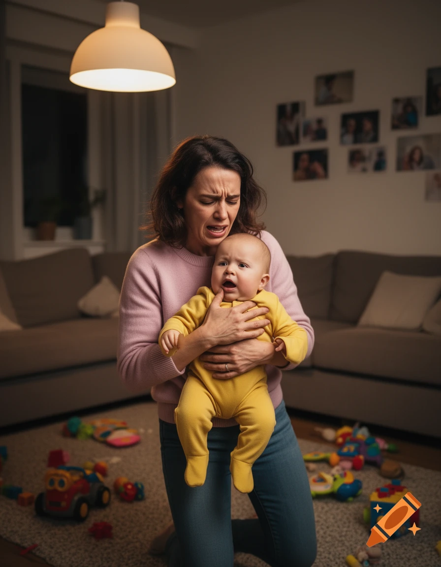 A distressed woman kneels in a messy living room, holding a crying baby while surrounded by scattered toys.
