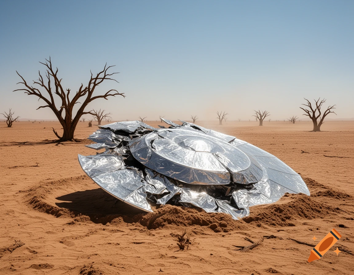 A highly reflective, crumpled metallic flying disc crashed in a dry sandy desert with bare dead trees under a clear sky.