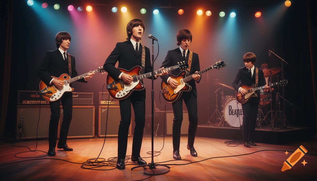 Photorealistic image of four men, resembling The Beatles, playing guitars on a stage under colorful spotlights, with a drum kit in the background.