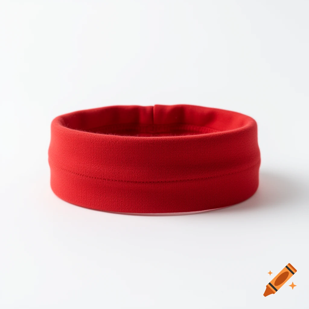 Bright red fabric headband on a white background.