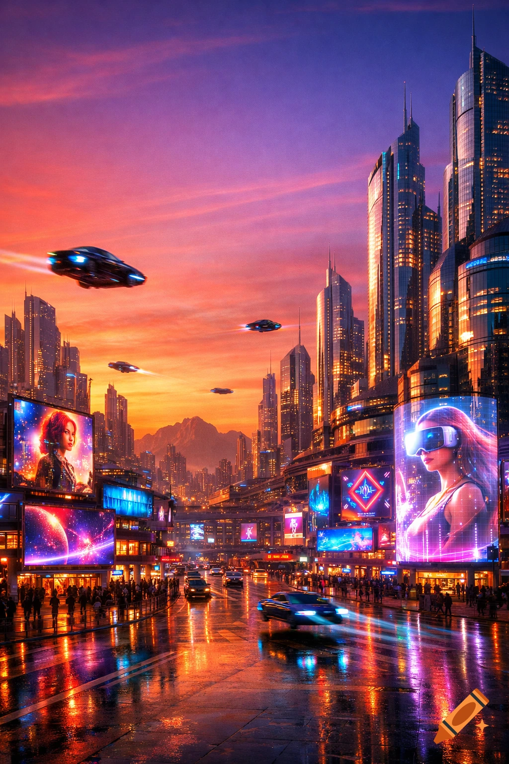 A vibrant, futuristic city at sunset with towering skyscrapers, flying cars, holographic billboards, and neon reflections on wet streets.