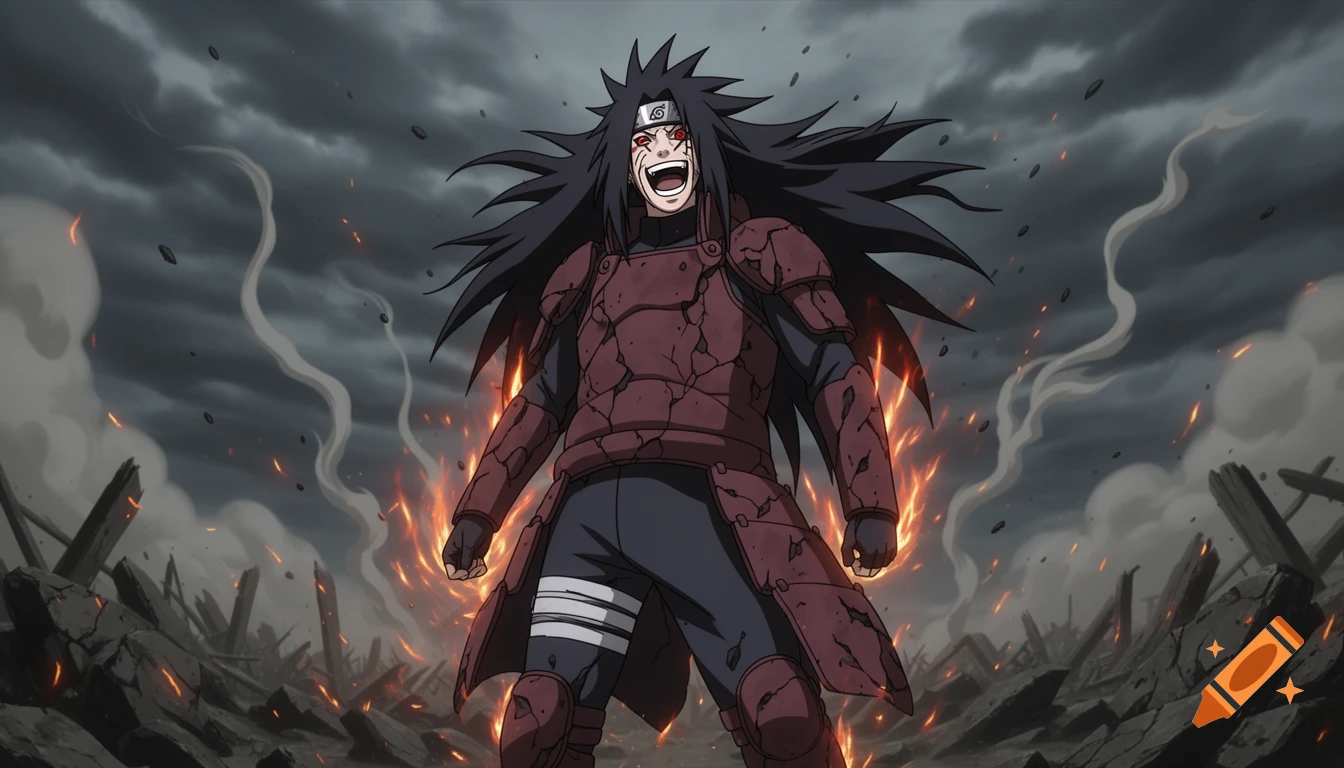 Madara Uchiha from Naruto, with long black hair and red armor, stands on a fiery, shattered battlefield under a stormy sky, laughing maniacally.