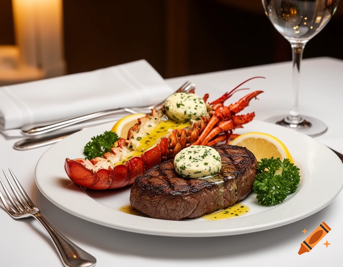 A photorealistic surf and turf meal with grilled steak, lobster tail, lemon, and herb butter on a white plate in a restaurant.