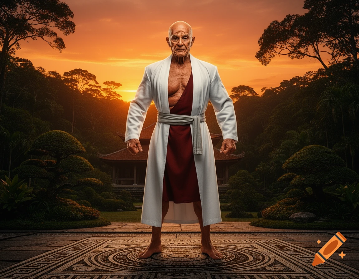 Muscular bald elderly man in a white robe and red tunic stands barefoot on an inlaid stone floor in a Zen garden at sunset.