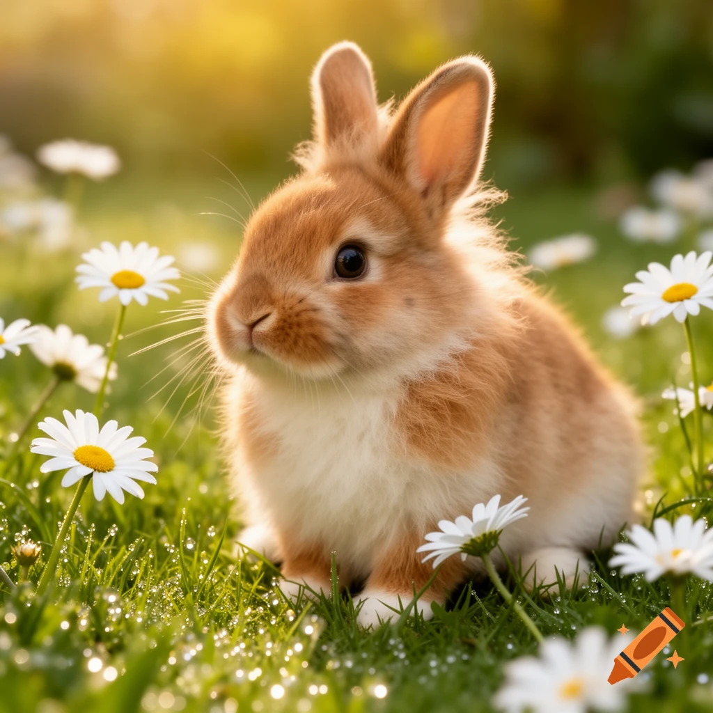 A fluffy light brown and white bunny sits in a sunny green field among white daisies, with dewdrops on the grass.