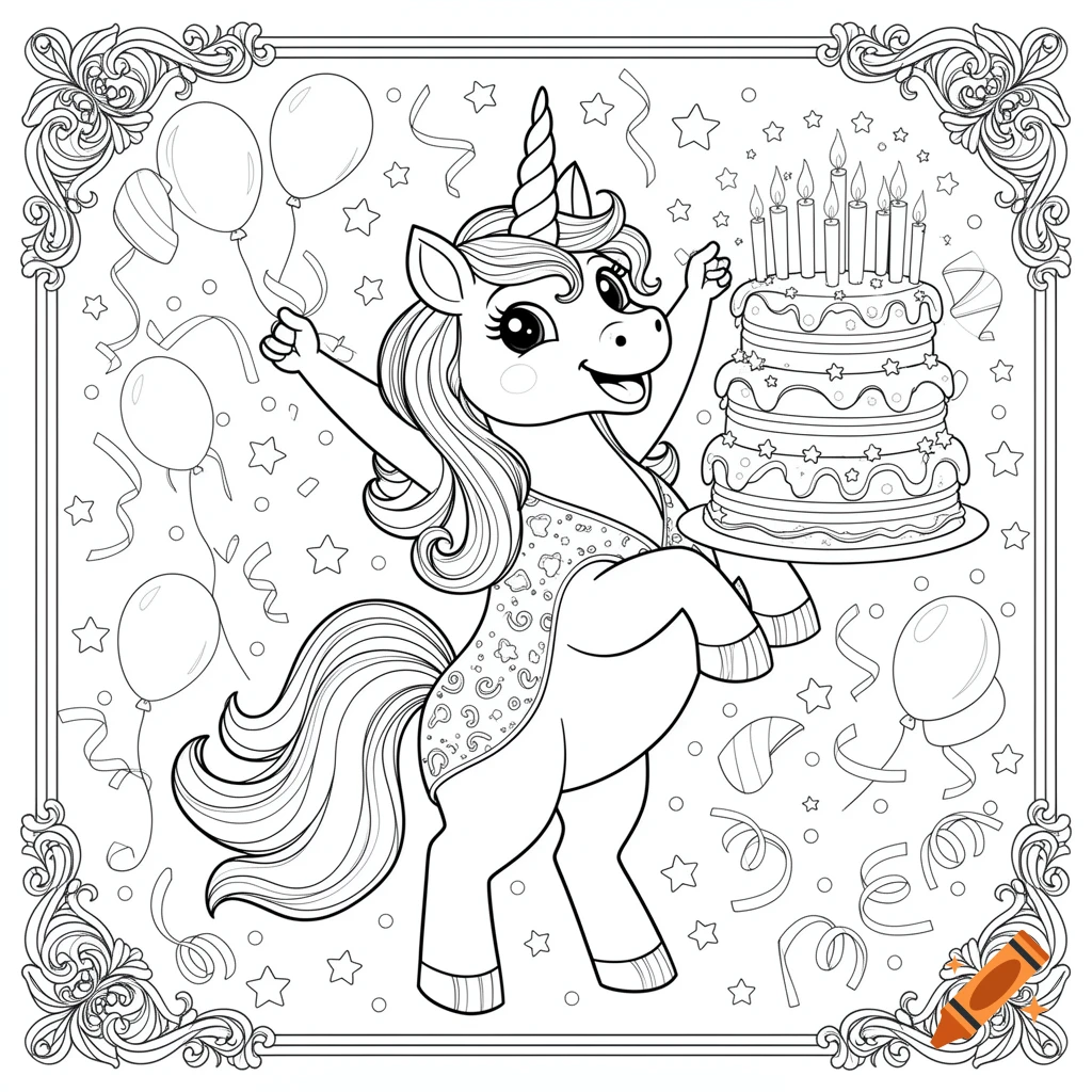 Black and white coloring page of an anthropomorphic unicorn holding a birthday cake, surrounded by balloons and confetti, within an ornate frame.