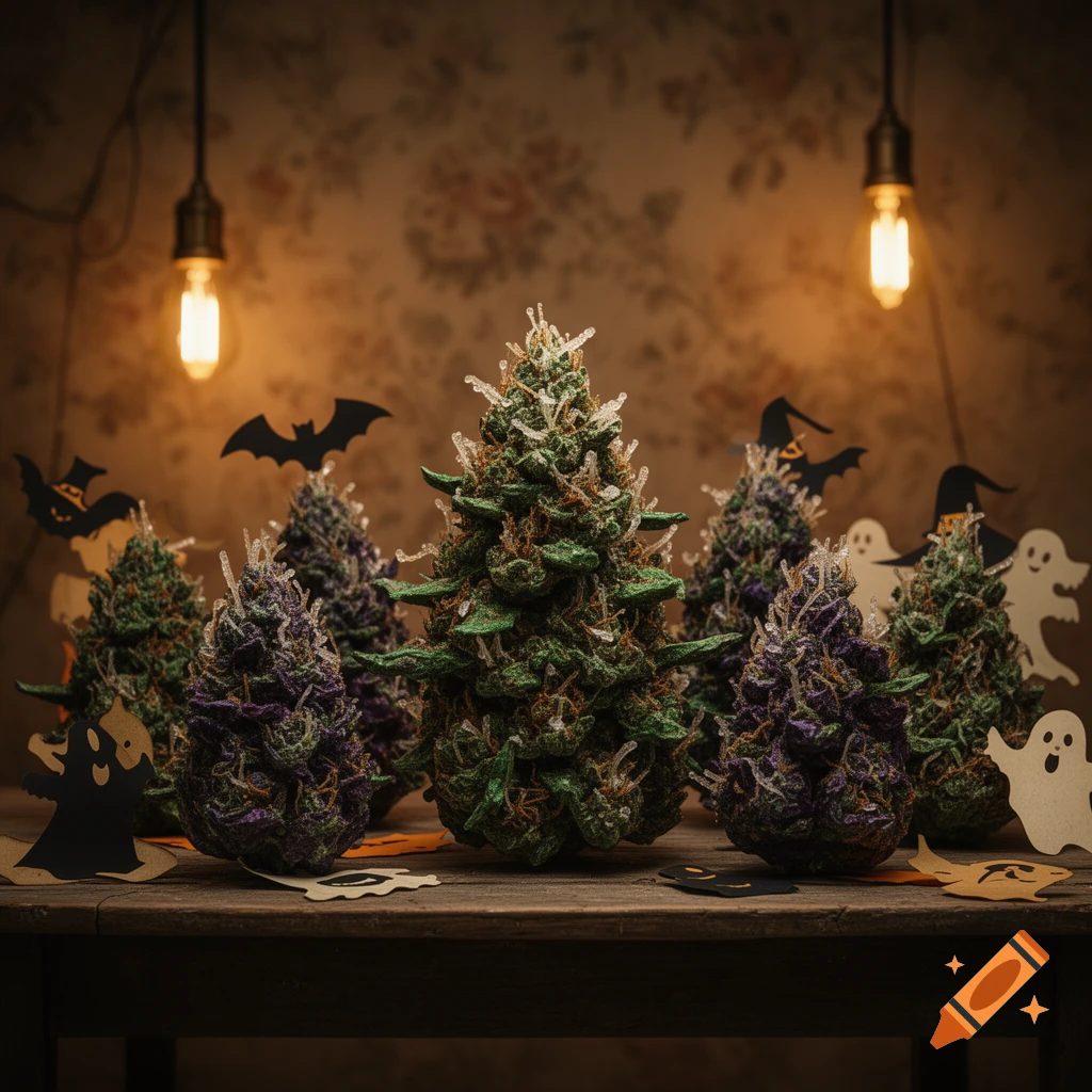 Photorealistic cannabis nugs, some green, some purple, decorated with paper bats and ghosts on a wooden table under warm lights.