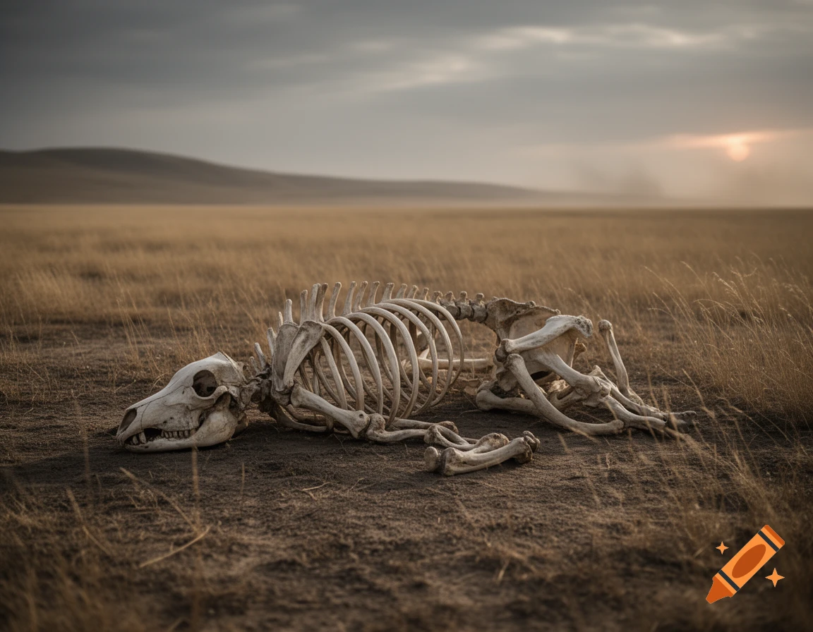 Photorealistic animal skeleton lies on dry ground in a vast, grassy field under a cloudy sky with a distant sunset.