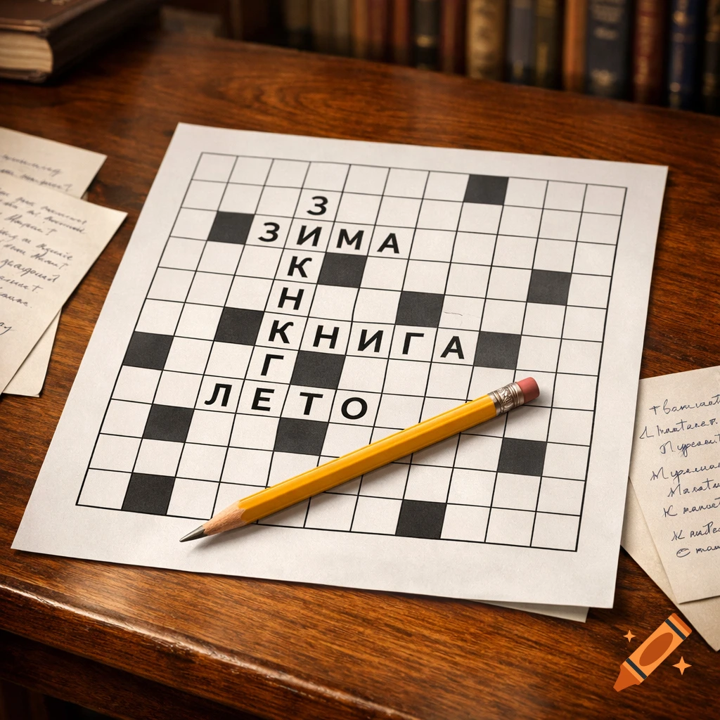 A yellow pencil rests on a partially completed Russian crossword puzzle on a wooden desk with handwritten notes and books.