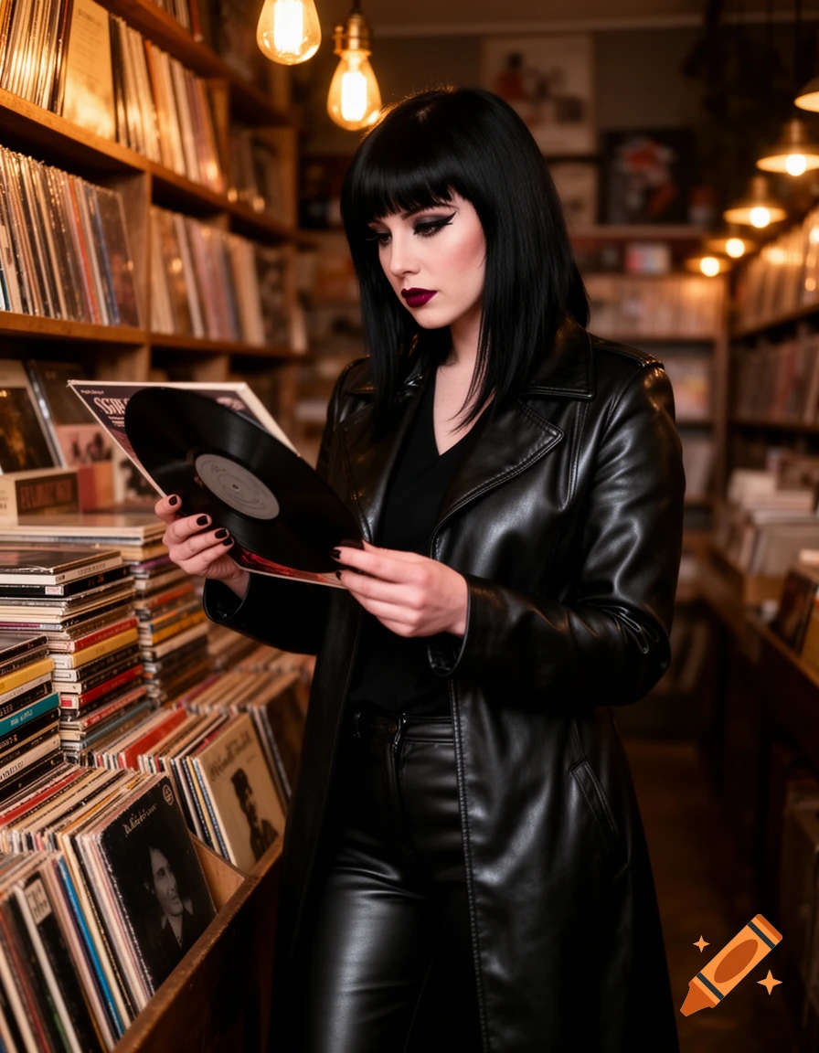 A goth woman with dark hair and makeup, wearing a black leather coat and pants, examines a vinyl record in a retro record shop.