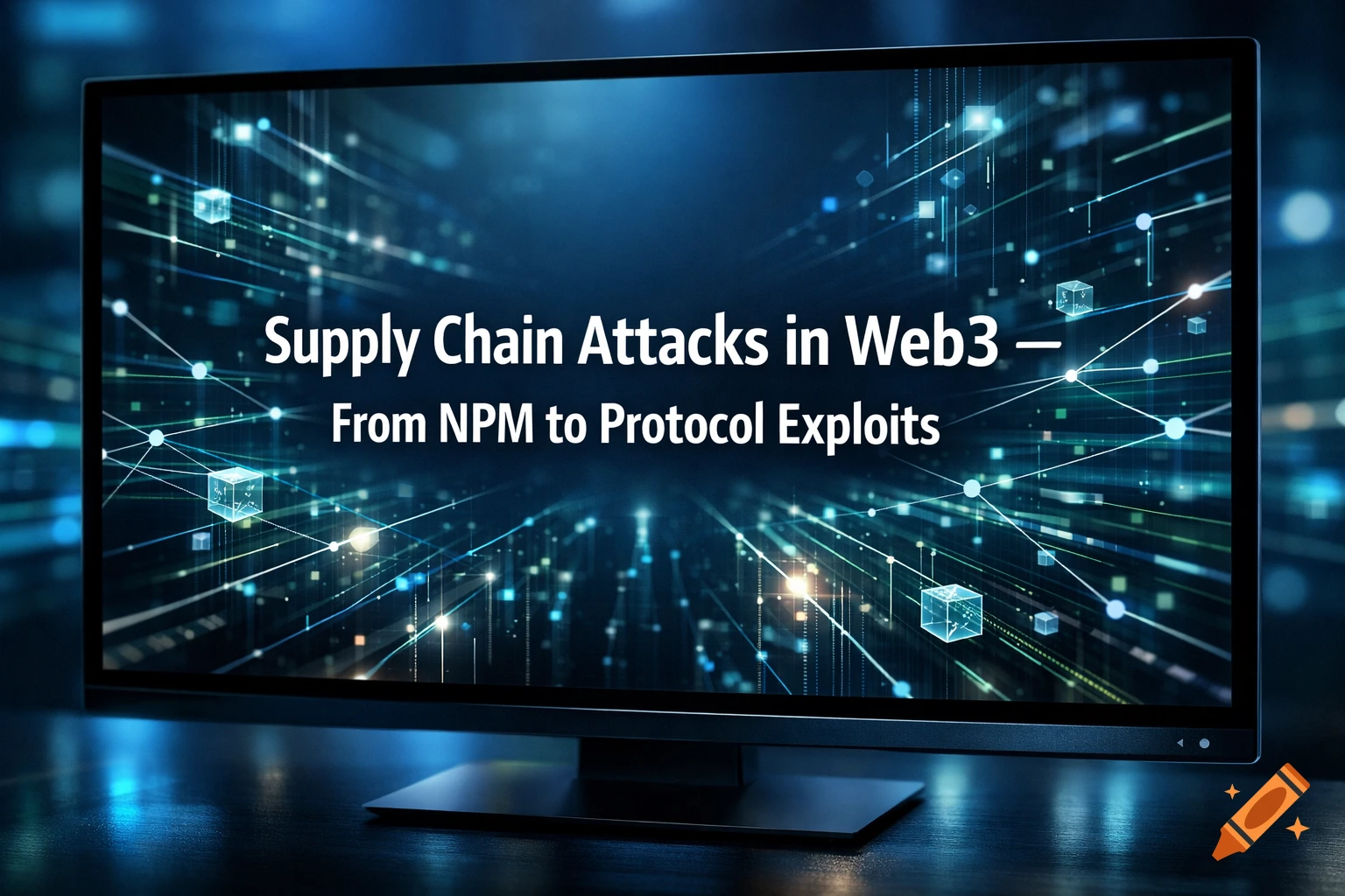 A sleek black monitor displays a blue-toned digital interface with 'Supply Chain Attacks in Web3 From NPM to Protocol Exploits' text, amidst glowing lines and cubes.