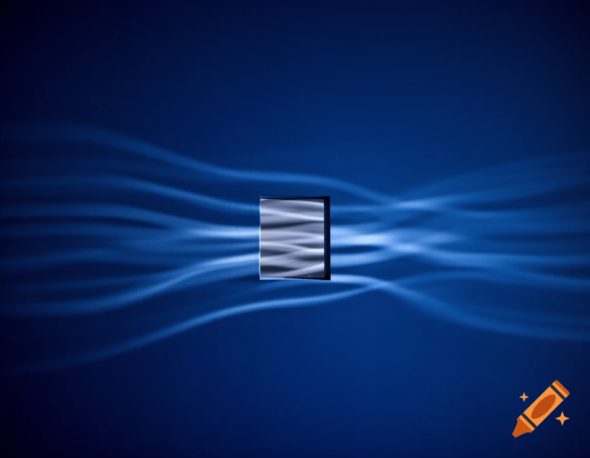 Wavy white light streams horizontally from a small central opening on a deep blue wall, creating an abstract, minimalist scene.