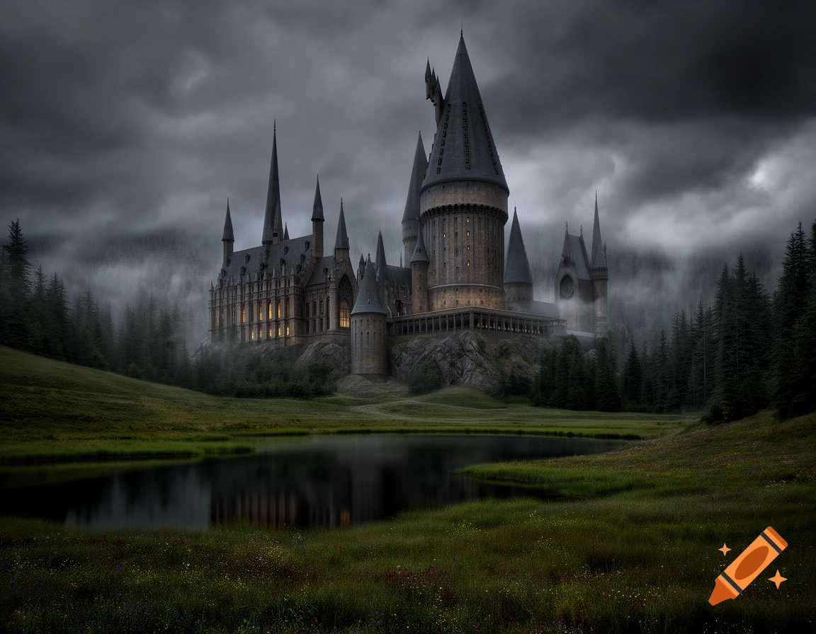 The Hogwarts castle, with its pointed spires, stands majestically on a ...