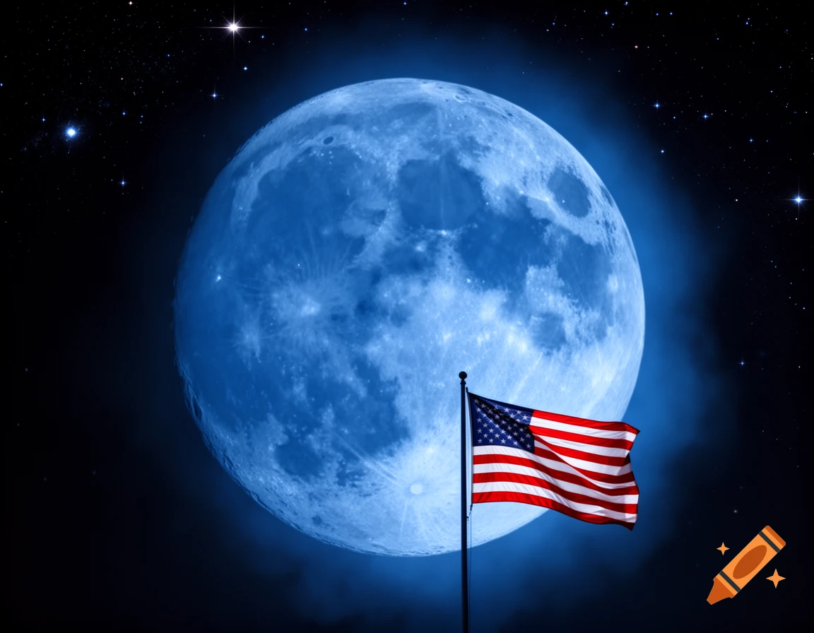A vibrant American flag waves in the foreground against a large, glowing blue moon and a starry night sky.