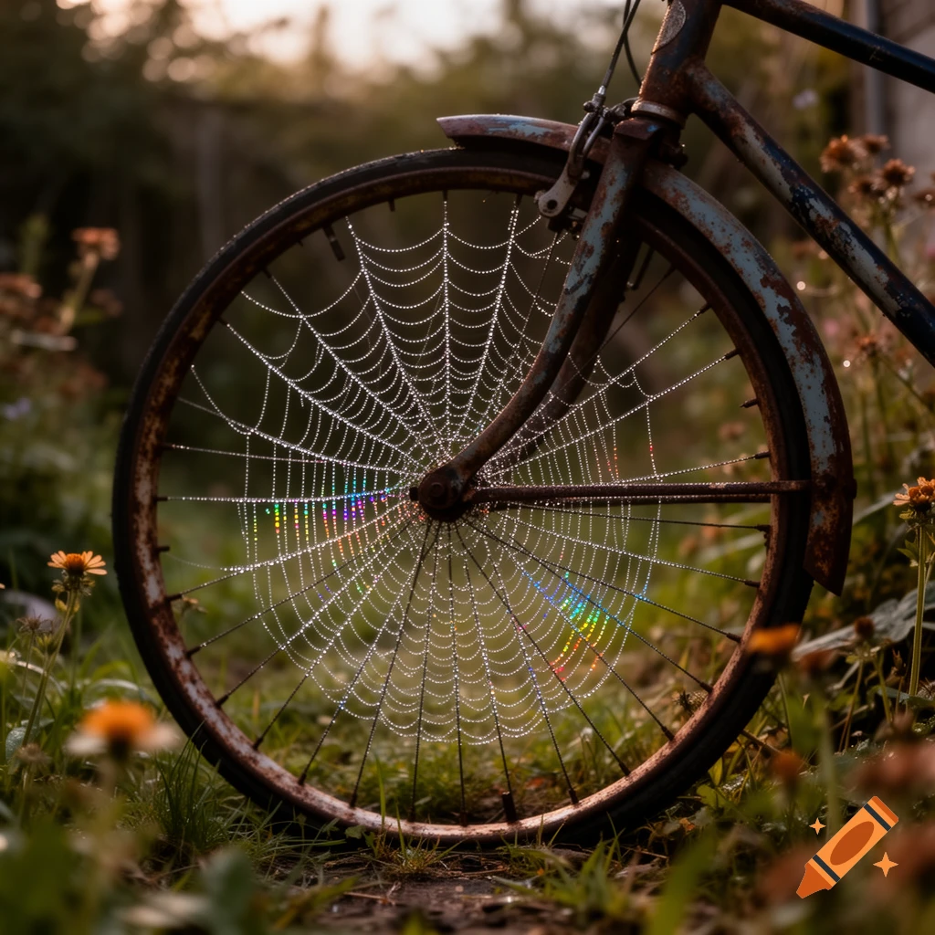Photorealistic close-up of a rusty bicycle wheel featuring a dew-covered spider web shimmering with rainbow colors in soft light.