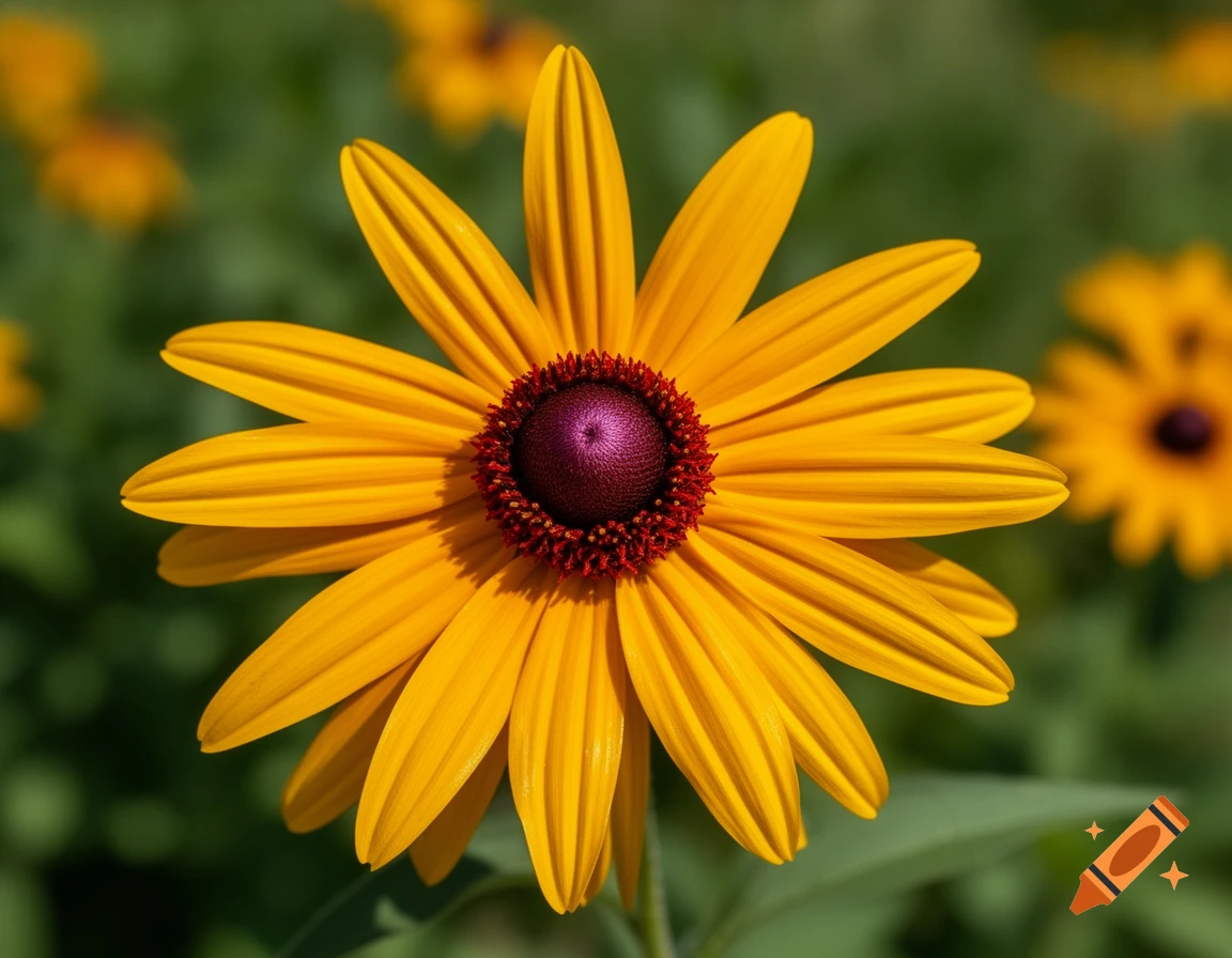 Close-up of a vibrant black-eyed Susan flower with golden-yellow petals and a deep purplish-brown center, against a blurred green background.