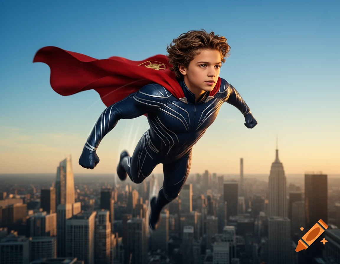 A young boy in a blue and silver superhero suit with a red cape flies ...