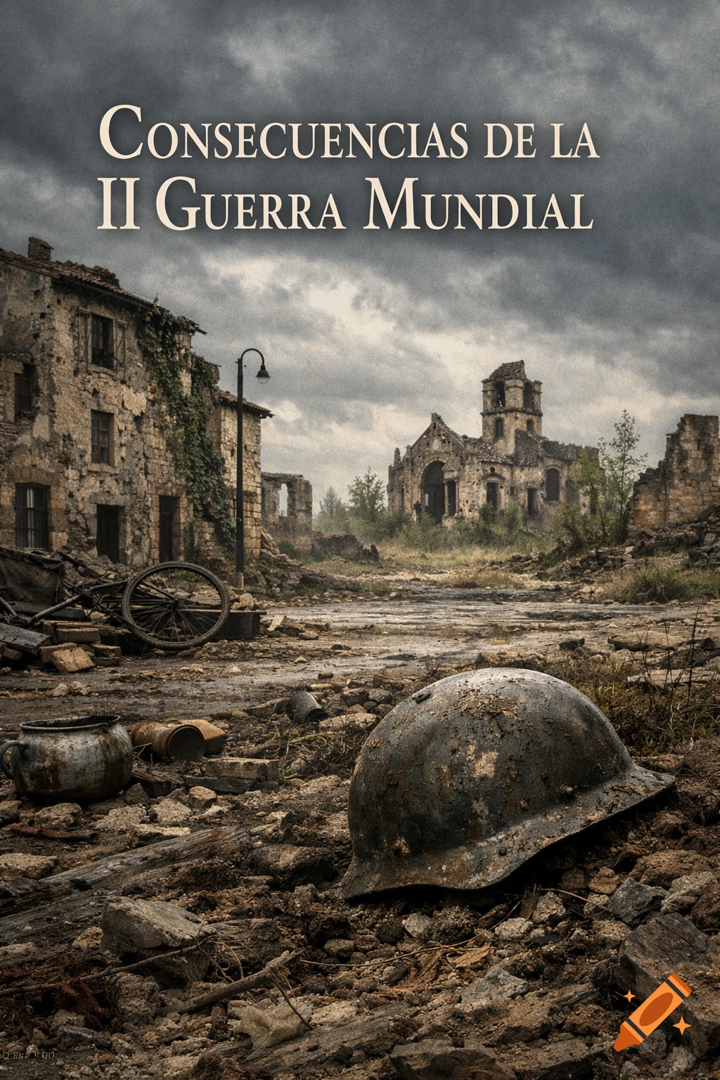 Photorealistic image of a desolate, war-torn cityscape with ruined buildings, debris, and a military helmet. Text: CONSECUENCIAS DE LA II GUERRA MUNDIAL.