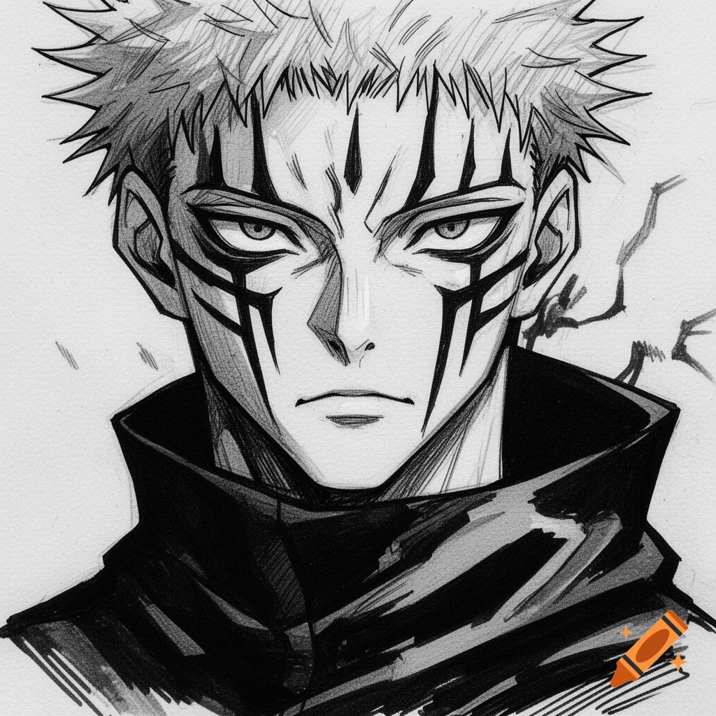 Black and white sketch of an anime character with spiky hair and prominent facial markings, wearing a dark high-collared garment.