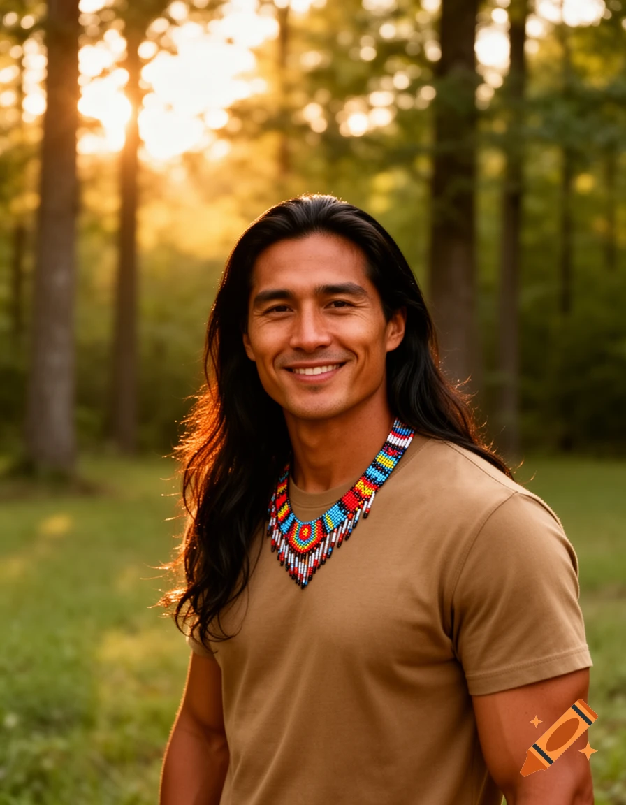 A smiling man with long dark hair and a colorful beaded necklace stands in a sunlit forest.