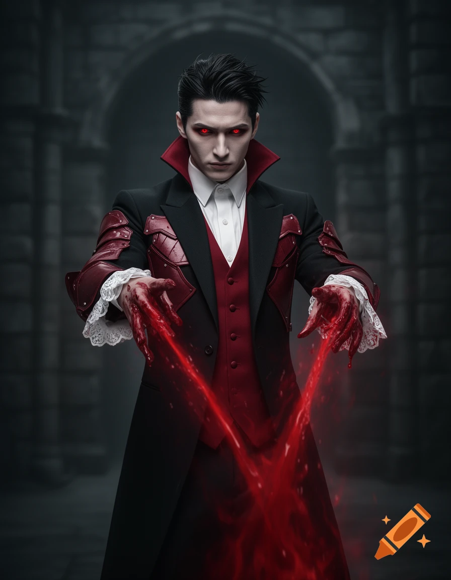 A pale man with red eyes, dressed in a black and red vampire suit with armored details, has blood-covered hands from which streams of red liquid emanate, in a dark gothic setting.