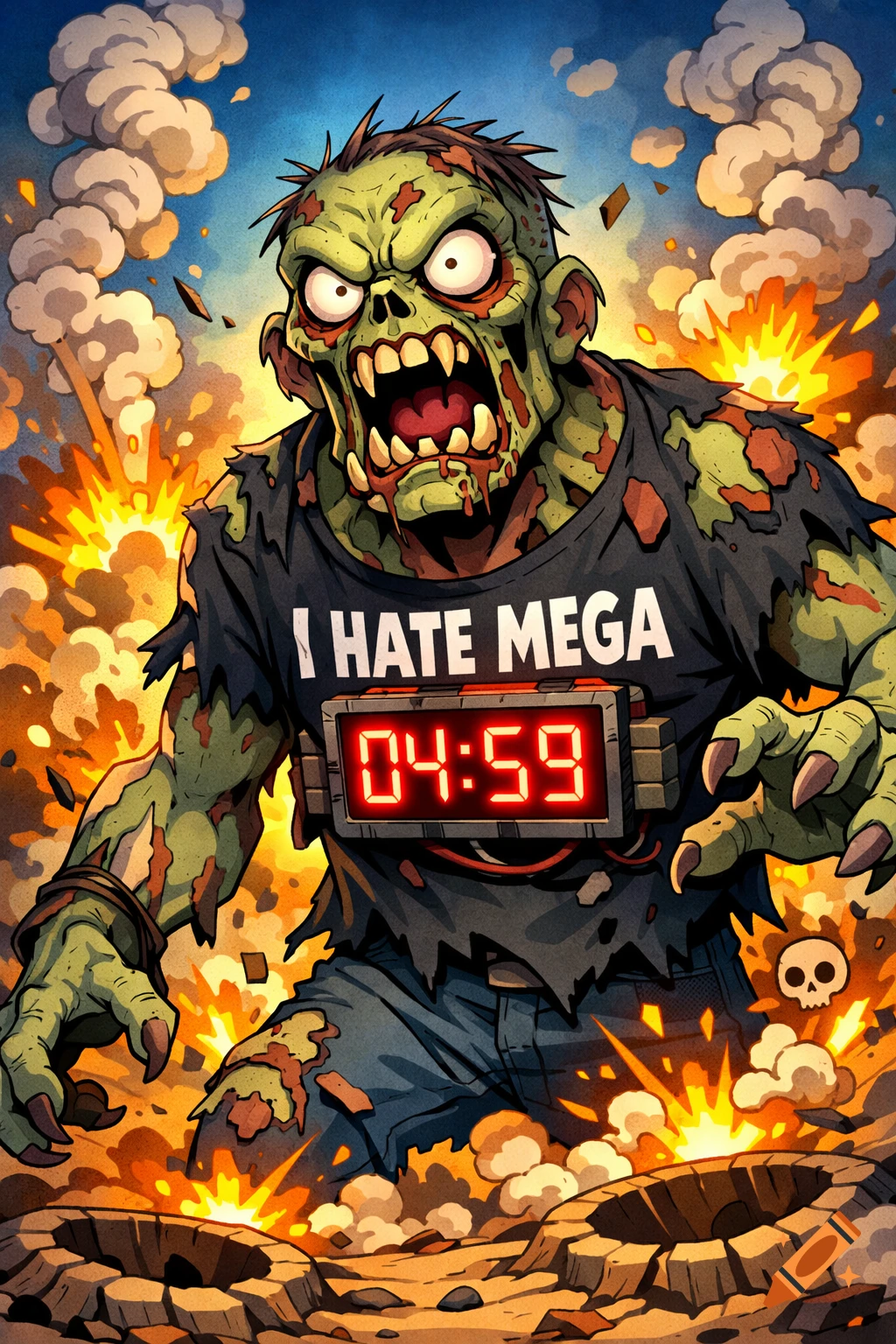 An angry, green zombie wearing an "I HATE MEGA" t-shirt and a 04:59 countdown timer, surrounded by explosions in a cartoon battlefield.