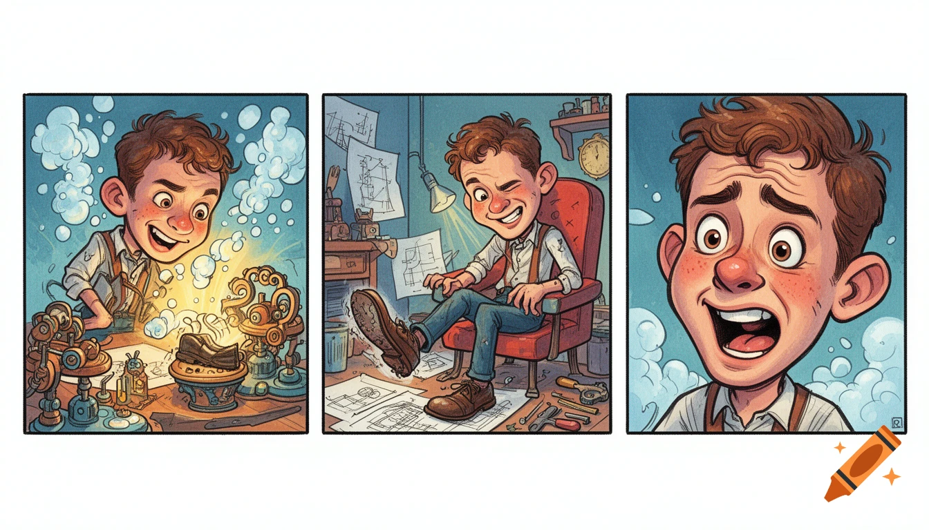 A three-panel cartoon strip shows a young inventor first proudly looking at his new shoe-polishing machine, then sitting to use it, and finally with an embarrassed, surprised expression in a close-up.