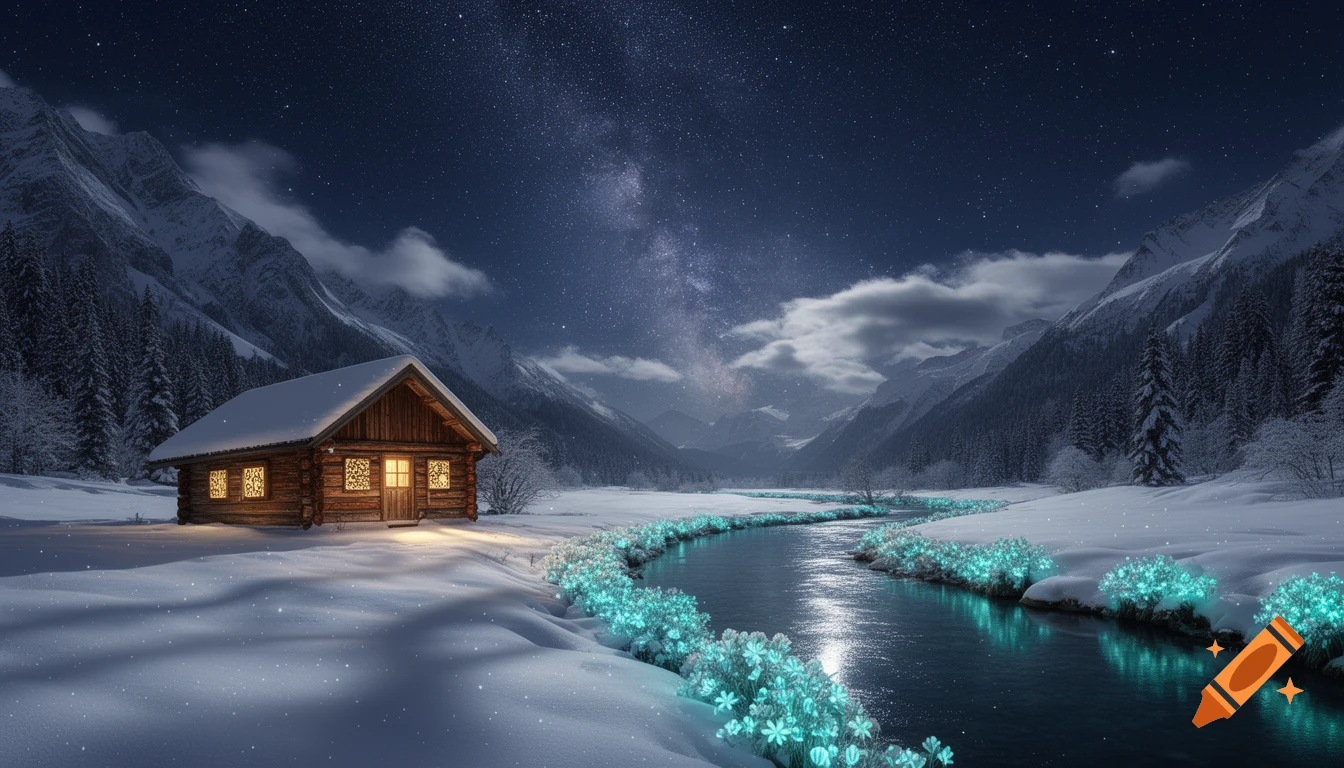 A log cabin with glowing windows sits in a snowy mountain valley at night, beside a river lined with bioluminescent plants under a starry Milky Way sky.