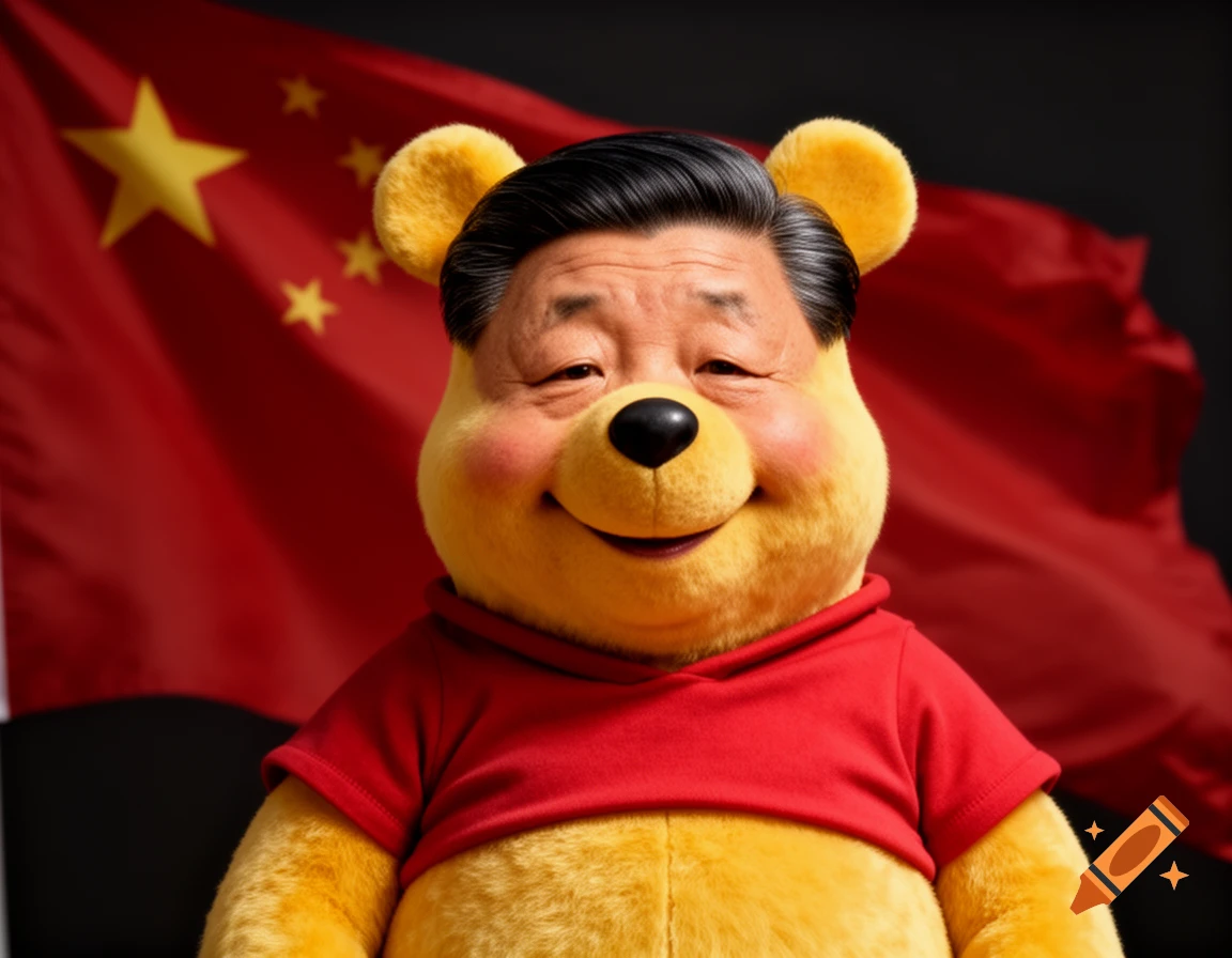 Photorealistic Winnie the Pooh with Xi Jinping's face smiling, against a waving Chinese flag.