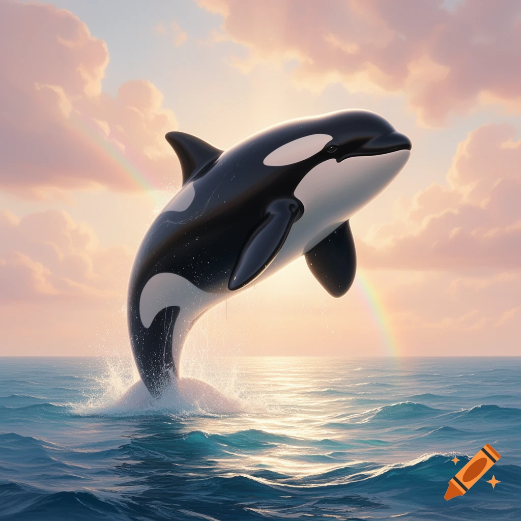 A killer whale breaches out of the ocean, with water splashing around it. A faint rainbow arcs across the pastel sky filled with clouds.