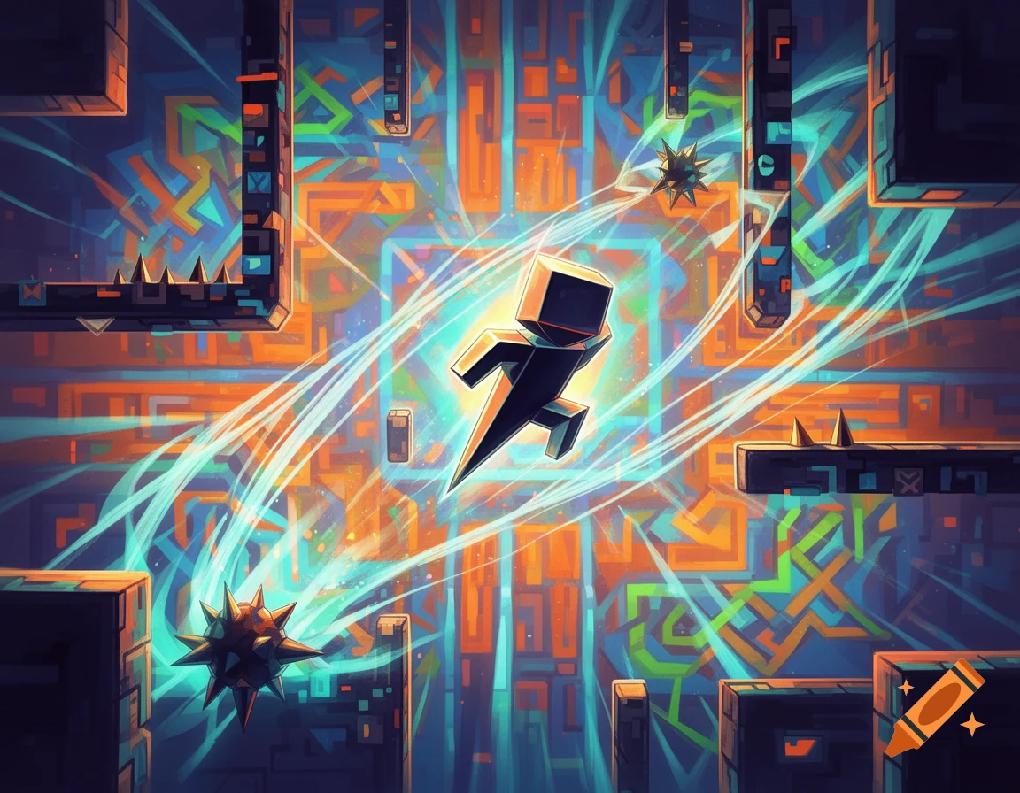 A glowing block character runs through a vibrant, abstract geometric obstacle course with spikes and spiky orbs.