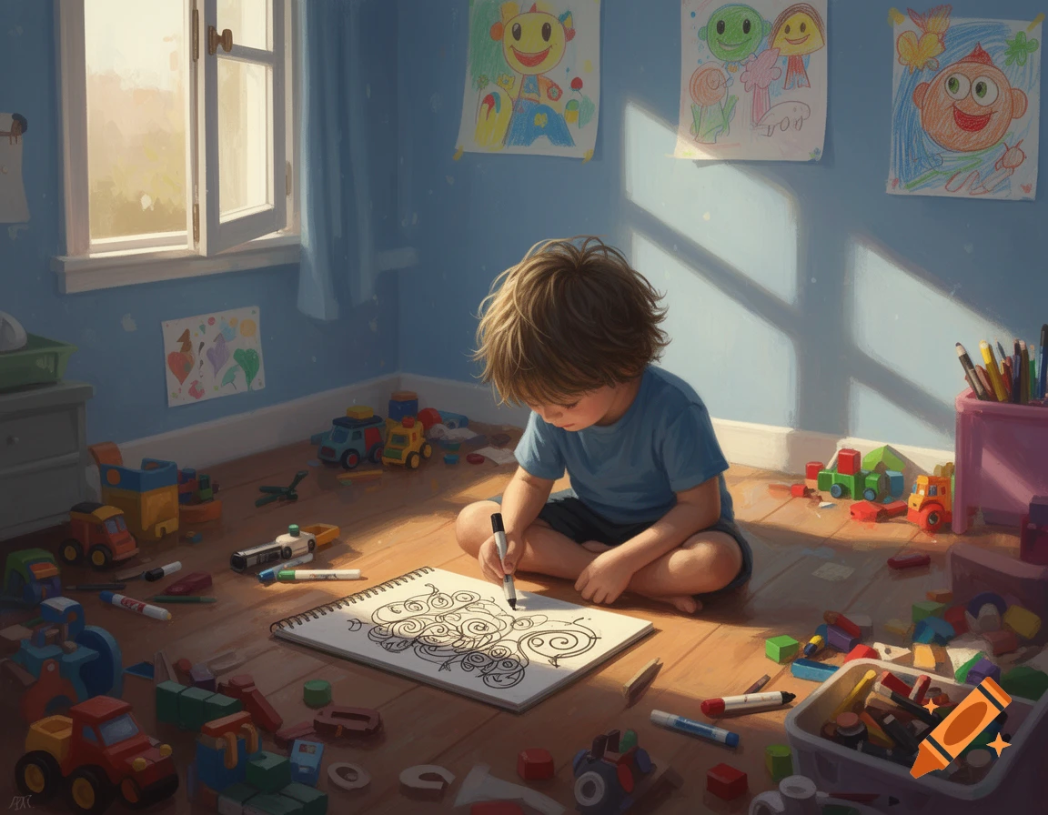 A young child sits on a wooden floor, drawing on a large paper pad amidst scattered toys in a sunlit room. Painterly illustration.